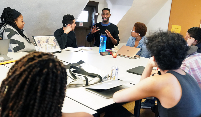 Playwriting Chair Tarell Alvin McCraney with playwriting students. 