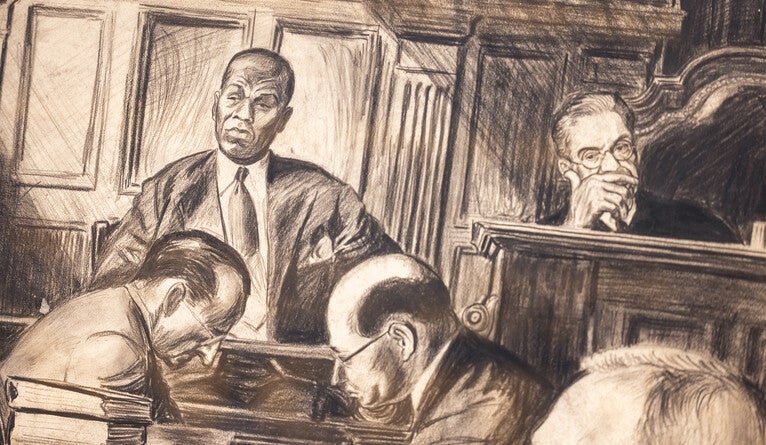 Courtroom sketch - Witness on the stand with judge and courtroom reporters.