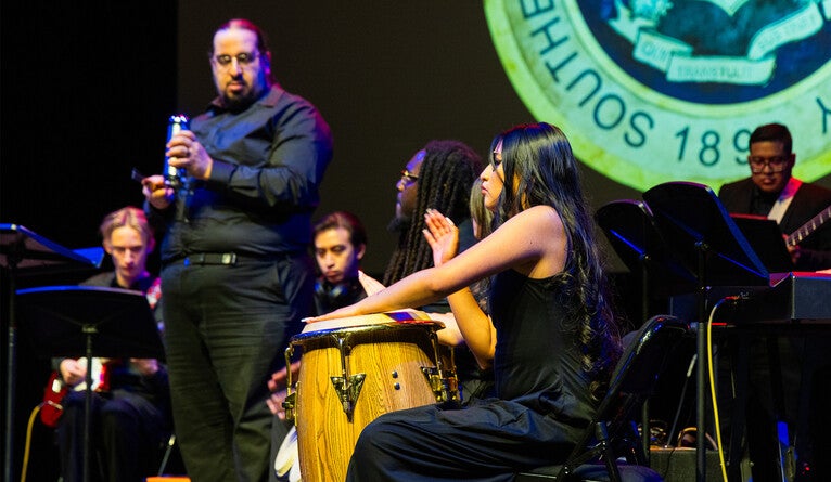 The salsa ensemble from the Yale’s Music in Schools Initiative performing at Southern Connecticut State University