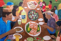A mural in La Casa’s kitchen celebrates the diverse Latin American Indigenous communities as they share traditional foods.